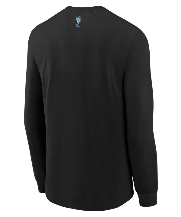 The Nike Miami HEAT Original Vice Nights Long Sleeve Youth Tee is a black, standard fit cotton shirt with a small Miami Heat logo and blue Nike swoosh on the upper left chest. Machine washable, it’s shown on a plain white background.