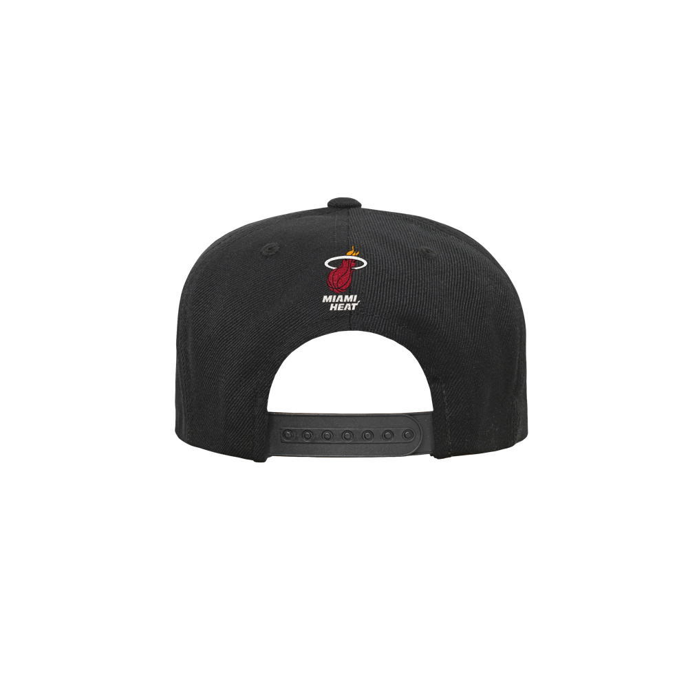 Back view of the Outerstuff Miami HEAT Logo Youth Flatbrim Snapback, featuring embroidered logo and text above the adjustable strap. Made from polyester, this one size cap is easy to spot clean.
