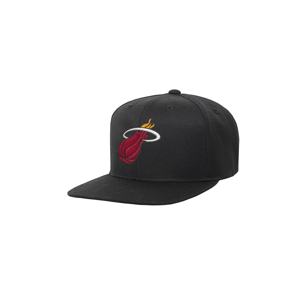 The Miami HEAT Logo Youth Flatbrim Snapback by Outerstuff features the team's flaming basketball logo embroidered on the front. Made of polyester, it's one size and spot clean only. Displayed on a plain white background.