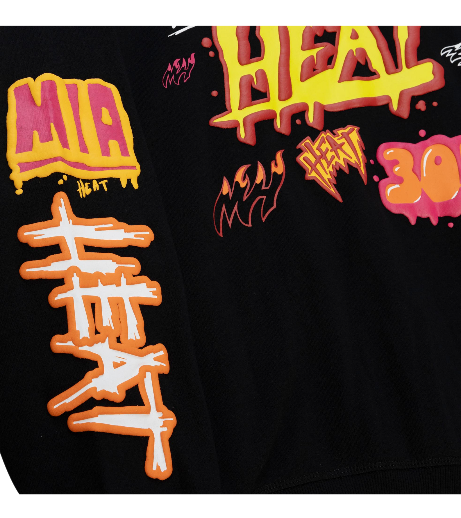 Black crewneck sweatshirt with colorful Miami HEAT graffiti-style logo and fiery graphic accents. - Mitchell & Ness Miami HEAT Slap Sticker Crewneck