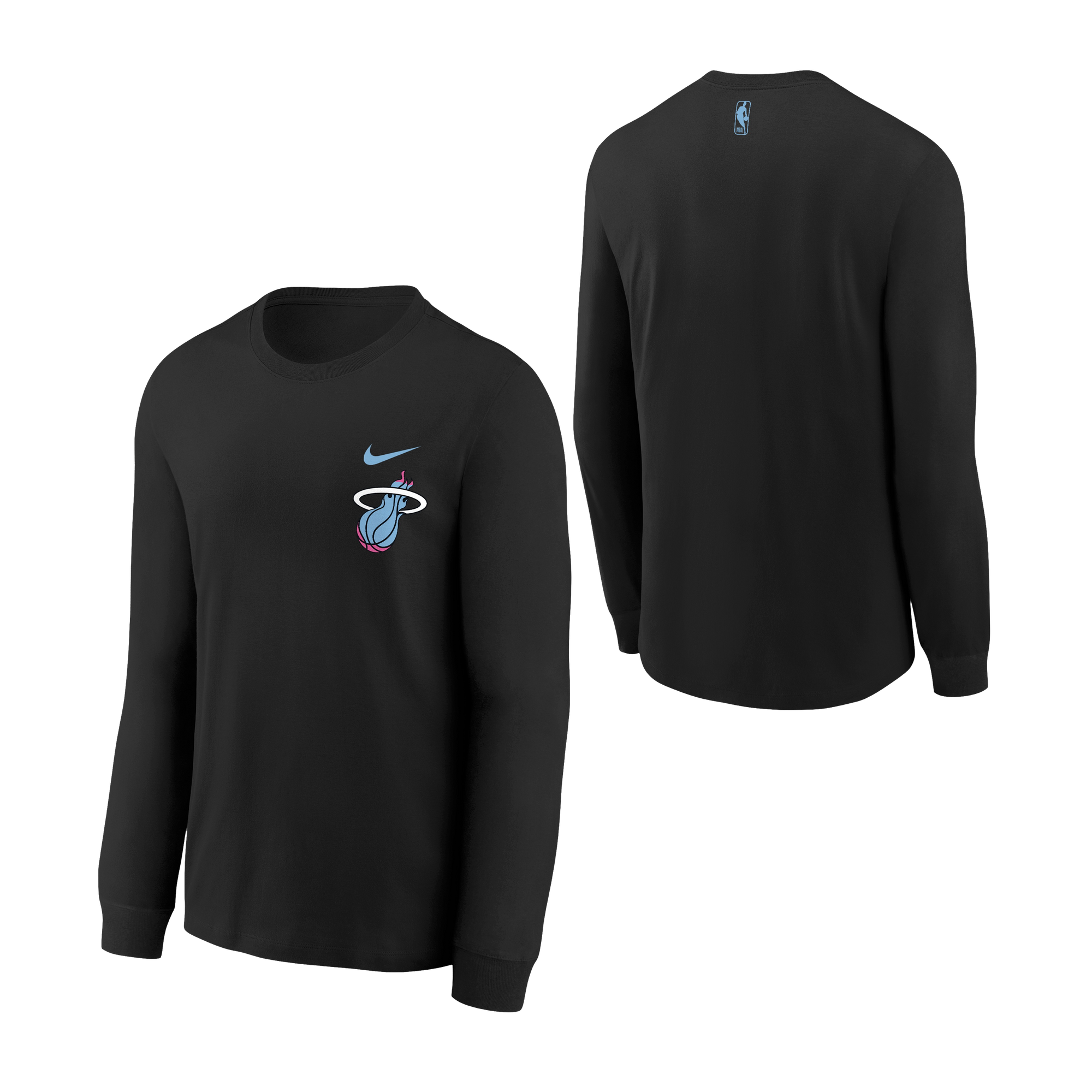 The Nike Miami HEAT Original Vice Nights Long Sleeve Youth Tee features a black cotton build, blue Nike swoosh and Miami Heat logo on the front, small NBA logo at the upper back, and is machine washable for easy care.