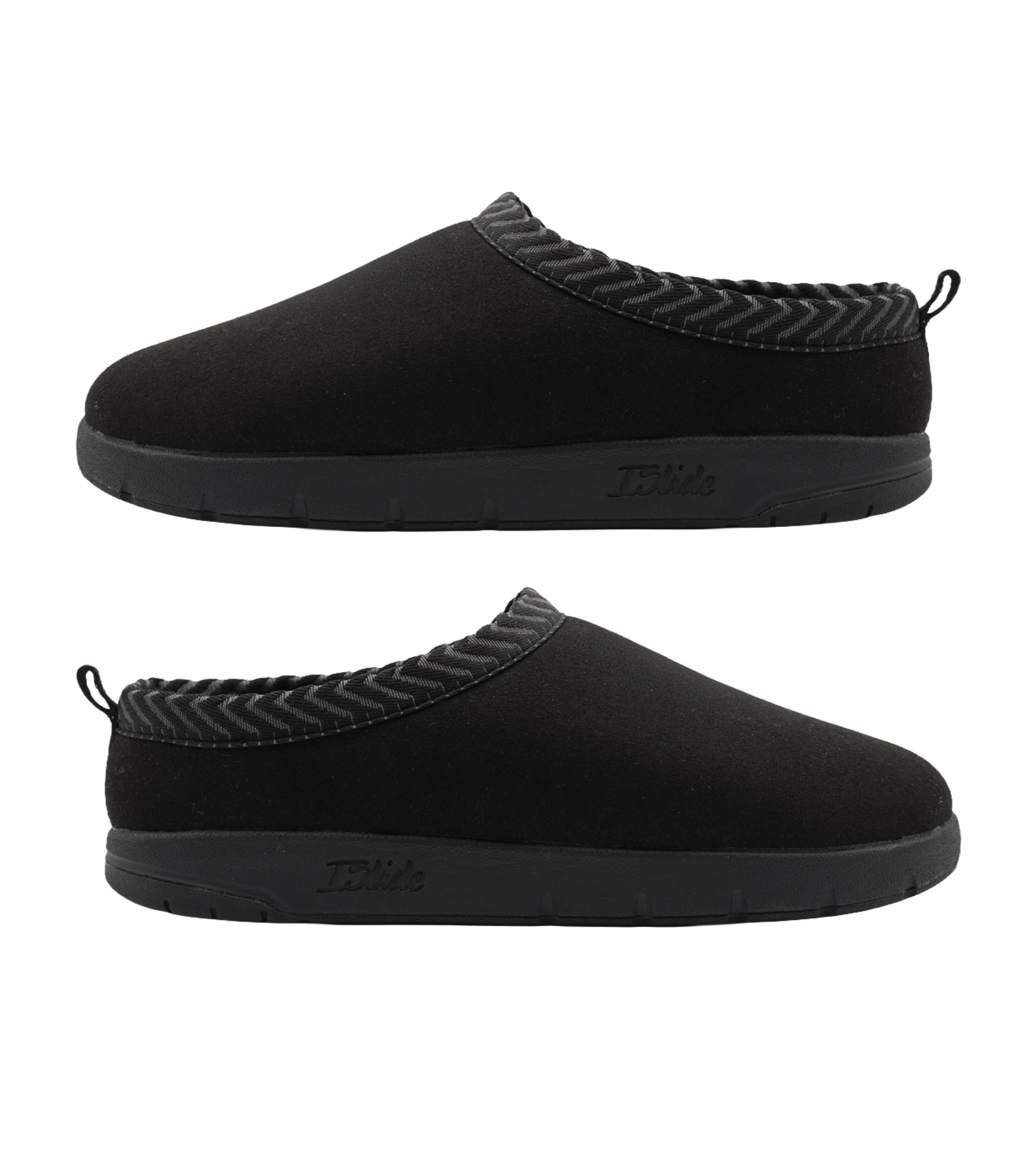 A pair of black ISlide Miami HEAT Original Vice Nights Mission Slippers with a patterned grey trim, cozy faux fur lining, and a logo embossed on the side of the sole.