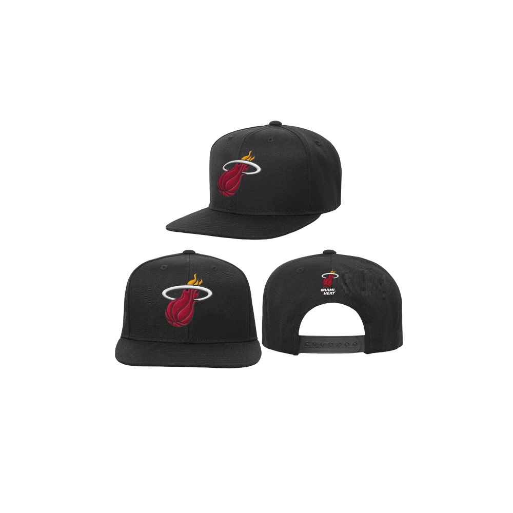 Three views of the Outerstuff Miami HEAT Logo Youth Flatbrim Snapback—a black polyester hat with the Miami HEAT flaming basketball logo on the front and team name on the back. One size; spot clean recommended.