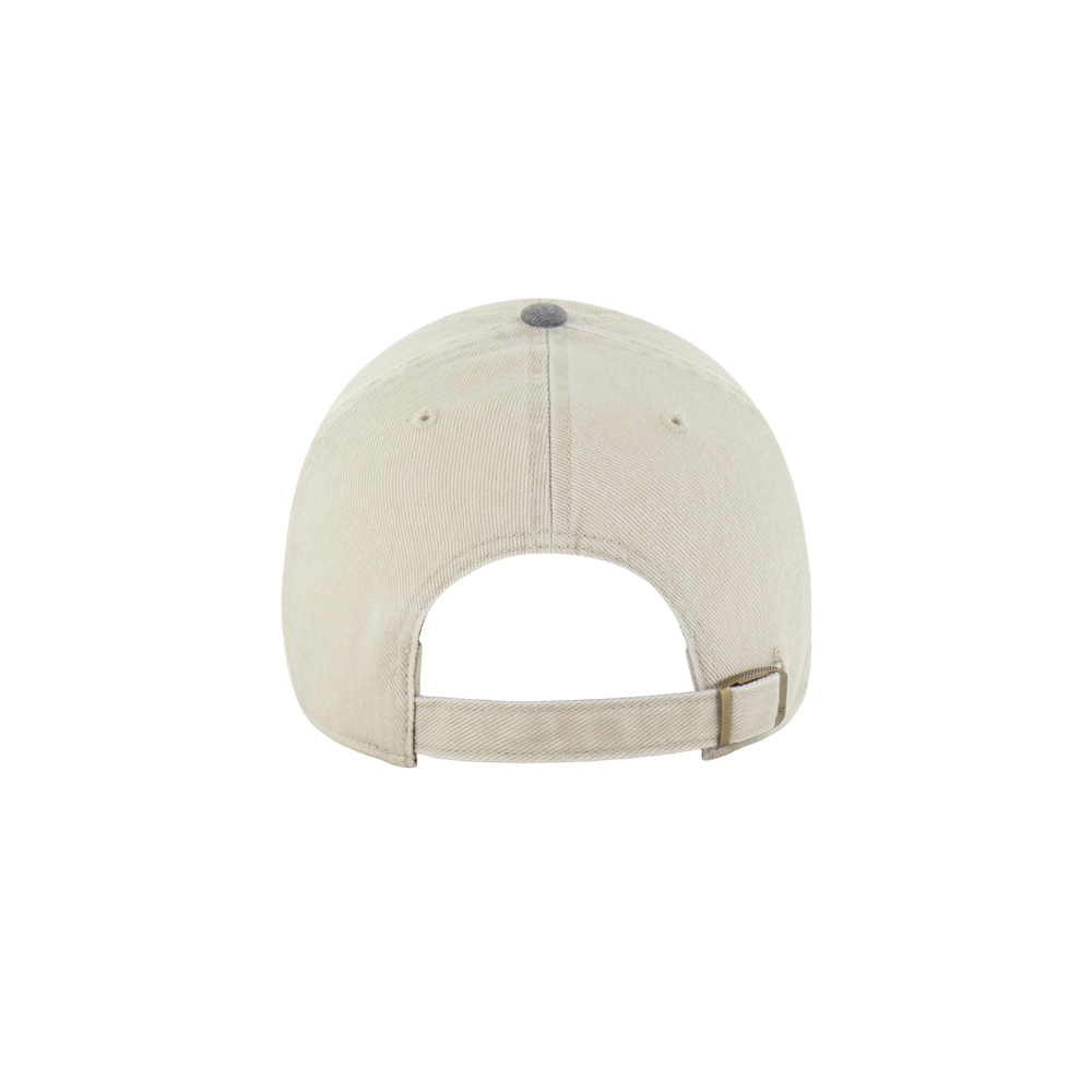 The ’47 Brand Miami HEAT Logo-Line Dad Hat is shown in beige cotton, viewed from the back to display its adjustable strap with a metal buckle and an opening above the strap. One size fits most; spot clean as needed.