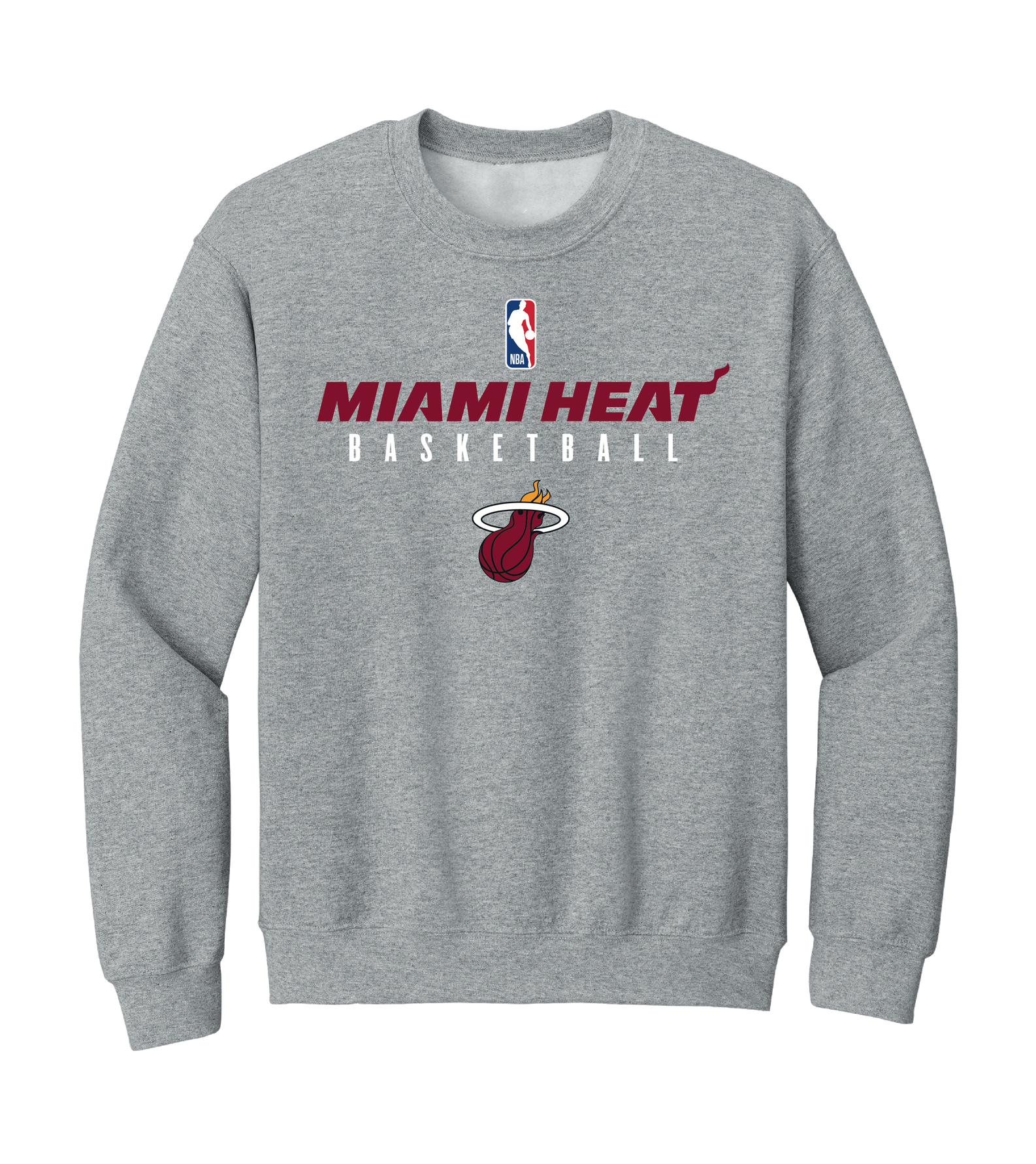 Grey Miami HEAT Basketball Crewneck in a standard fit featuring the NBA logo, MIAMI HEAT BASKETBALL text, and the team’s flaming basketball logo.