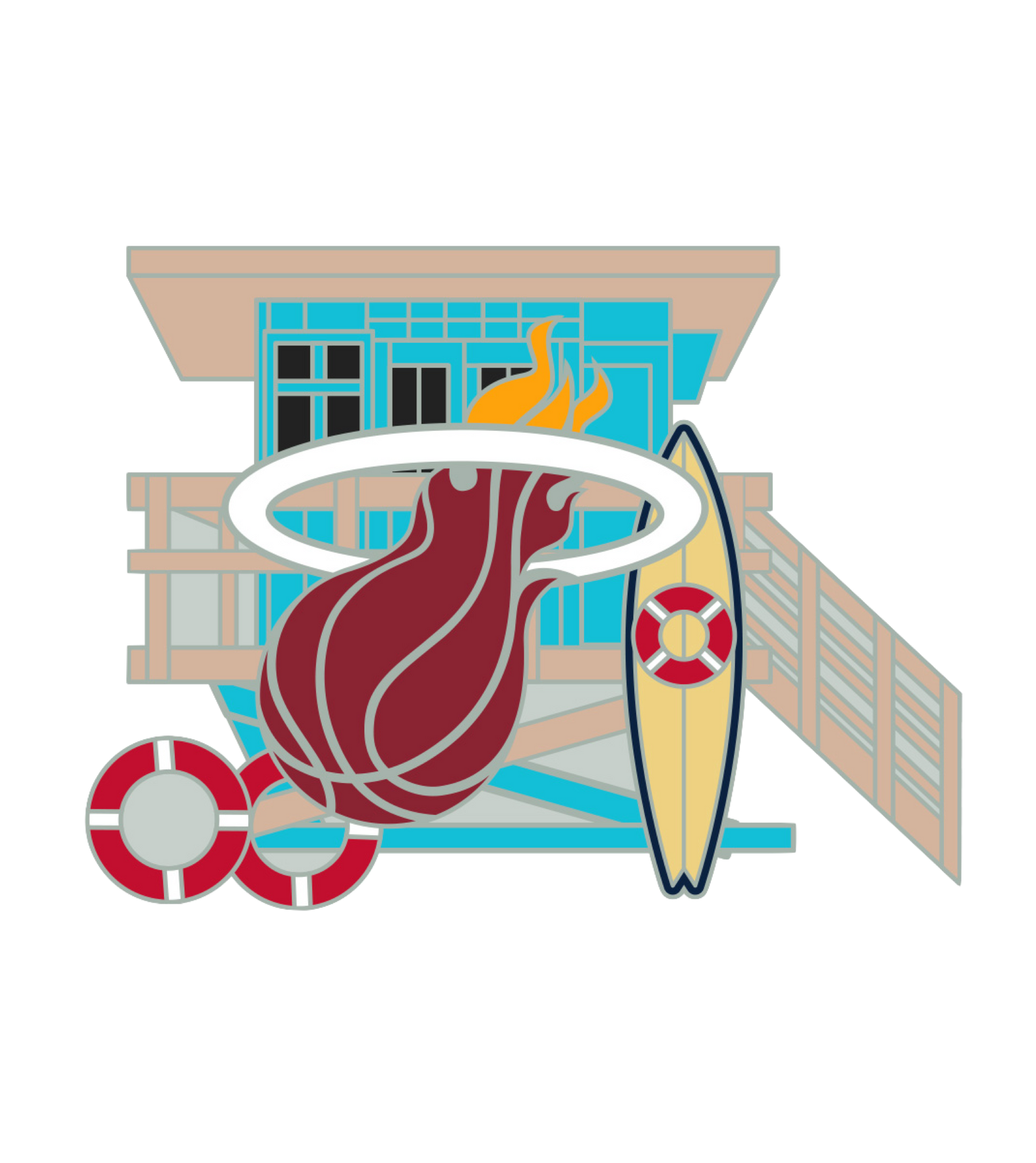 The Miami HEAT Lifeguard Post Pin by Pro Specialties features the team’s flaming basketball logo as an enamel pin with a post-back and butterfly clasp, set against a lifeguard hut with surfboards and life preservers for a beachy look.