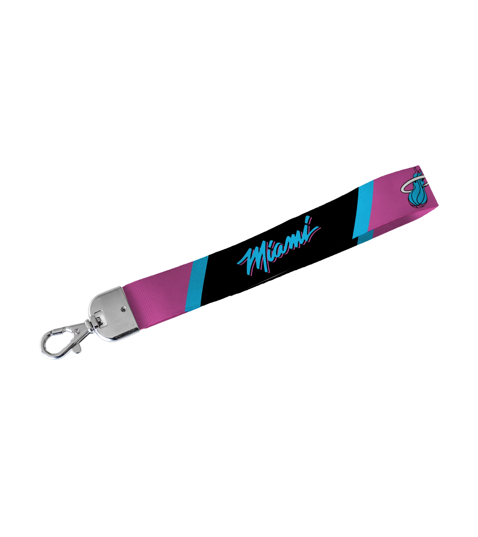 The Miami HEAT Original Vice Nights Lanyard Keychain by Rico Industries is officially licensed, 9 inches long, and features a pink, black, and teal design with 