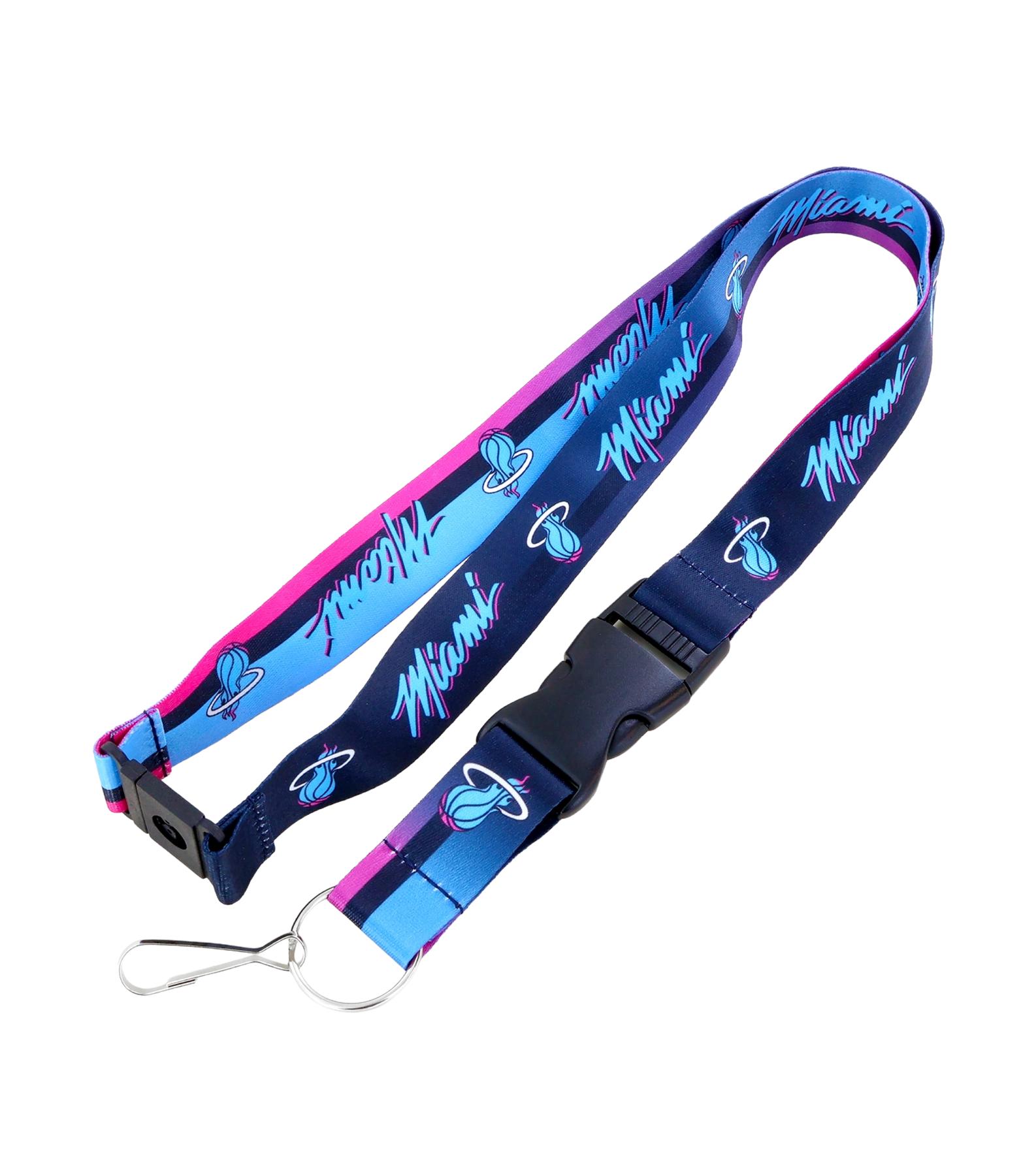The Aminco Miami HEAT Original Vice Nights Fade Lanyard is an officially licensed blue and pink accessory featuring the team logo and “Miami” text, with a black buckle, metal clip, and split key ring.