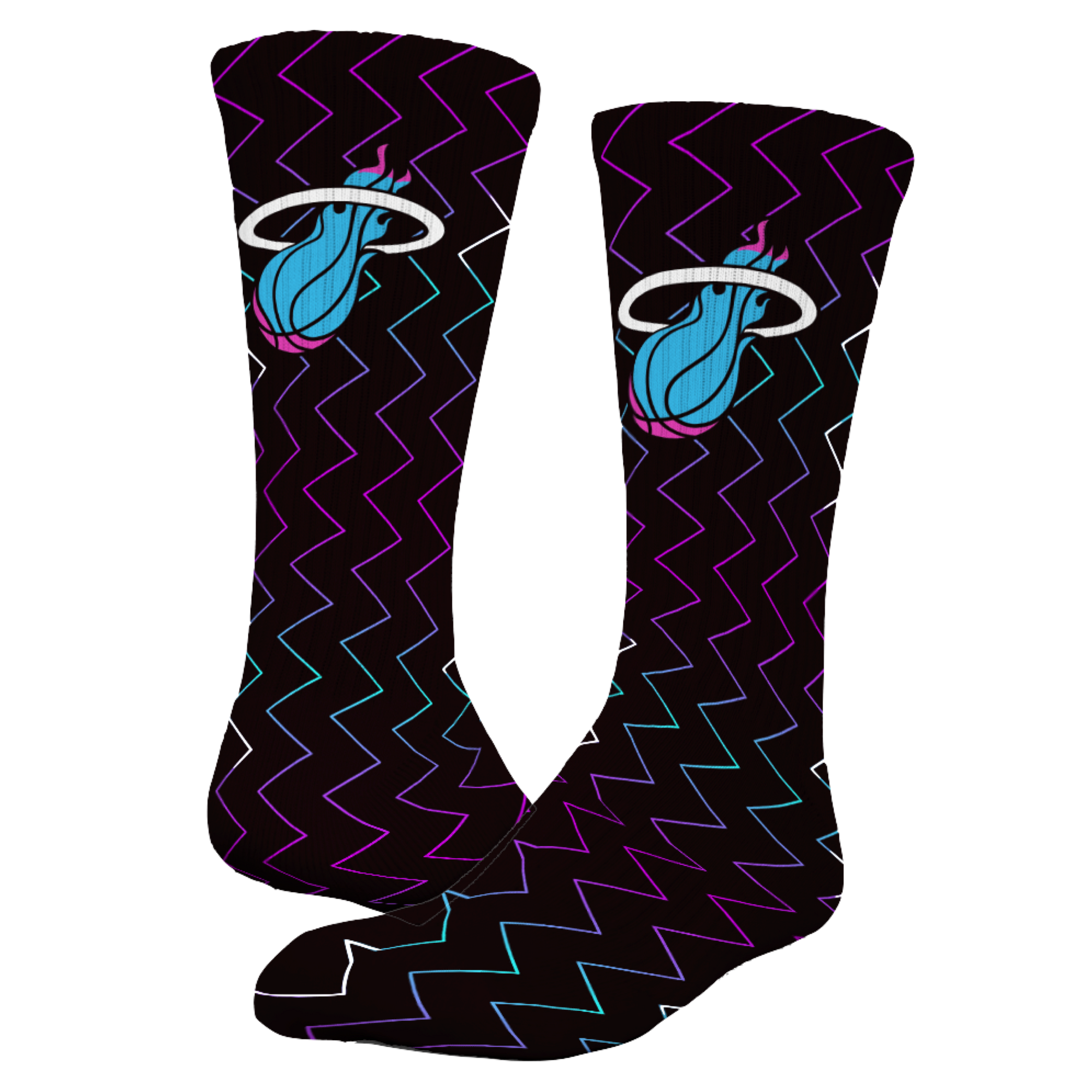 The ISlide Miami HEAT Original Vice Nights Logo Socks feature zigzag patterns in purple, blue, and pink, a blue and white flaming basketball logo, plus moisture-wicking comfort and arch support for all-day wear.