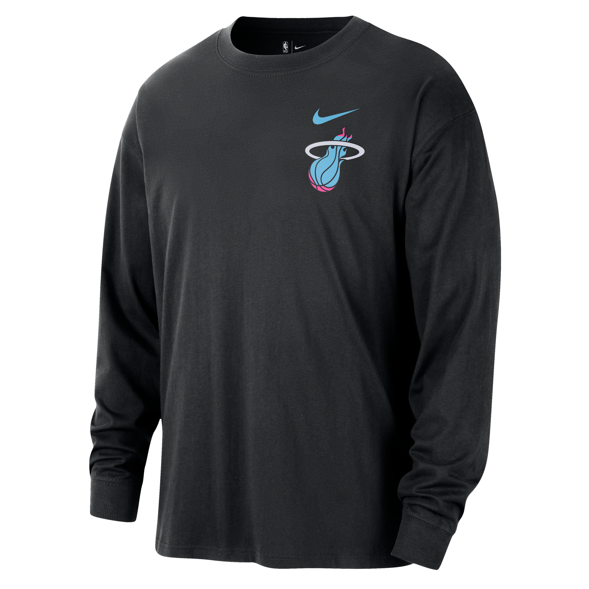 The Nike Miami HEAT Original Vice Nights Logo Long Sleeve Tee is a black, standard-fit cotton shirt featuring a logo. For lasting freshness, wash with like colors.
