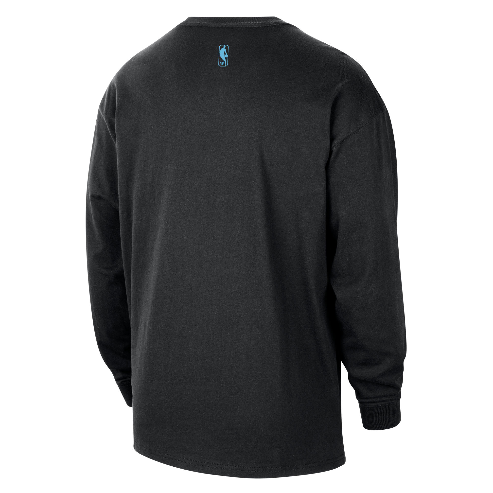 The Nike Miami HEAT Original Vice Nights Logo Long Sleeve Tee is shown from the back in black cotton, featuring the NBA logo near the collar. This standard-fit Nike shirt has ribbed cuffs and a simple design with no extra graphics or text. Wash with like colors.