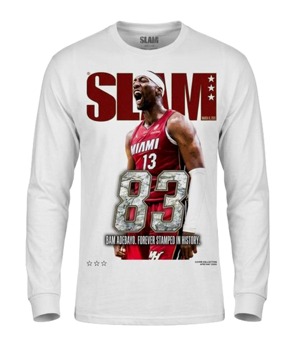 The Bam Adebayo SLAM Cover Long Sleeve Tee by SLAM showcases Bam in a Miami Heat jersey, with bold 