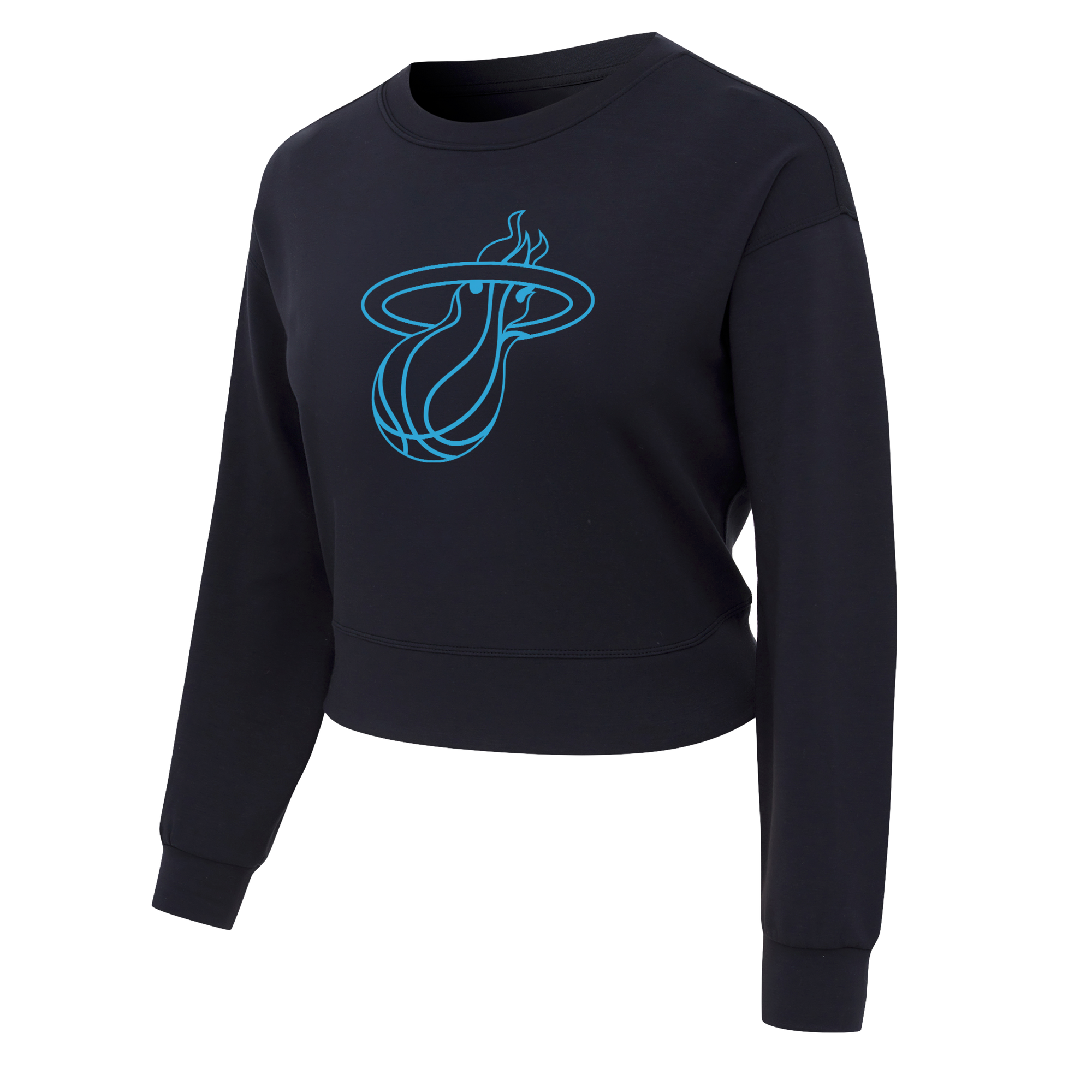 The Concepts Sports Miami HEAT Original Vice Nights Cropped Women's Crewneck is a black, long-sleeve, relaxed-fit sweatshirt with a large light blue Miami Heat logo on the chest. Machine wash cold. Shown on a plain white background.