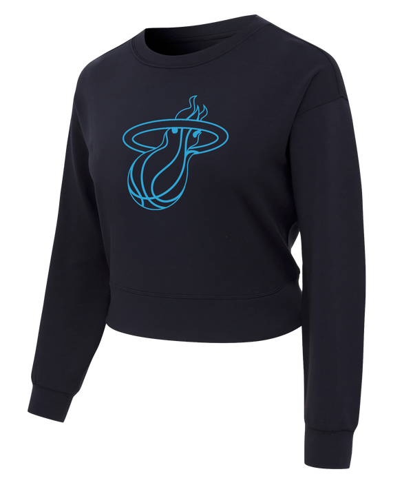 The Concepts Sports Miami HEAT Original Vice Nights Cropped Women's Crewneck is a black, long-sleeve, relaxed-fit sweatshirt with a large light blue Miami Heat logo on the chest. Machine wash cold. Shown on a plain white background.
