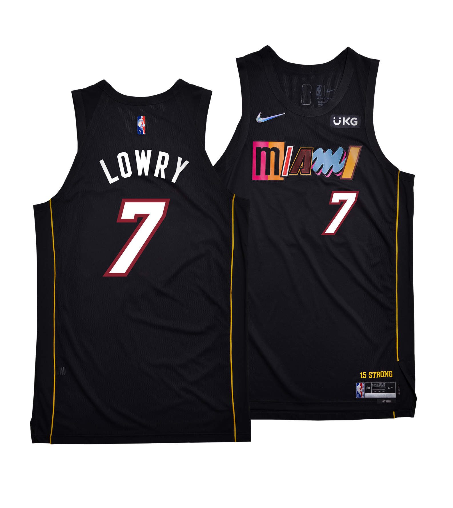 Kyle Lowry Miami HEAT mashup swingman jersey in black with multicolor Miami text and number 7. - Kyle Lowry Nike Miami Heat Mashup Swingman Jersey - Player's Choice