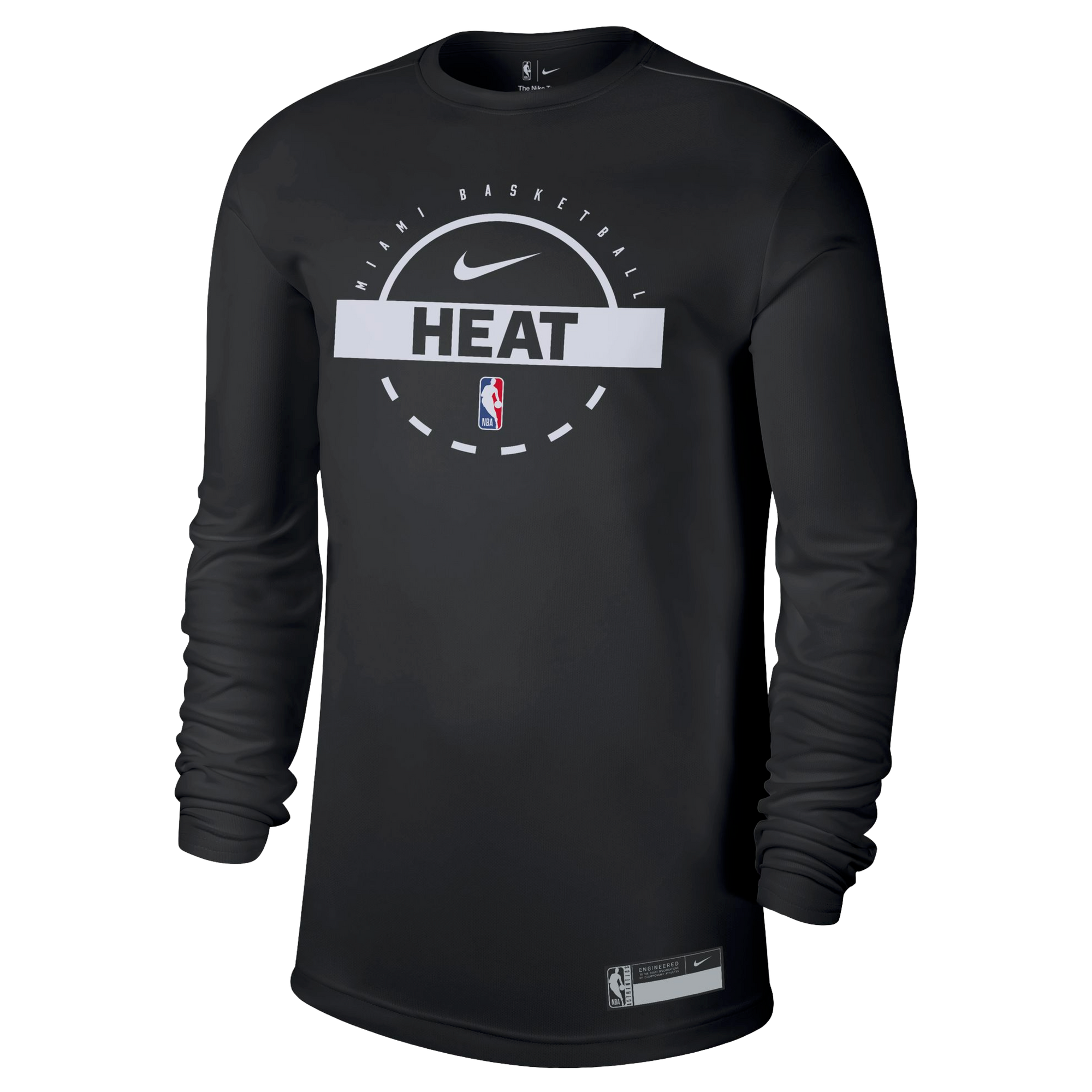 The Nike Miami HEAT 2025-26 Authentic On-Court Practice Long Sleeve Tee features soft polyester-lyocell fabric, Nike and NBA logos, and bold white “HEAT” text across the chest on a circular graphic design.
