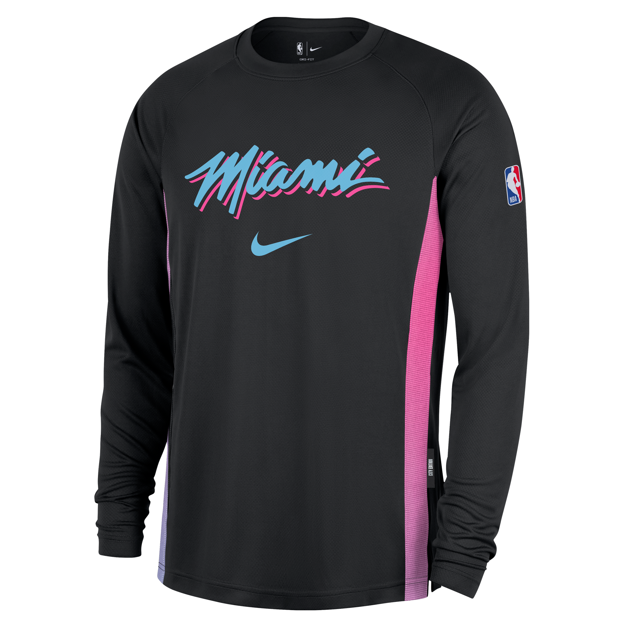 The Nike Miami HEAT Original Vice Nights Shooting Shirt is a long-sleeve black shirt with “Miami” in pink, blue, and white script, purple/pink side panels, NBA logo on the sleeve, standard fit, and durable polyester. Wash with like colors.