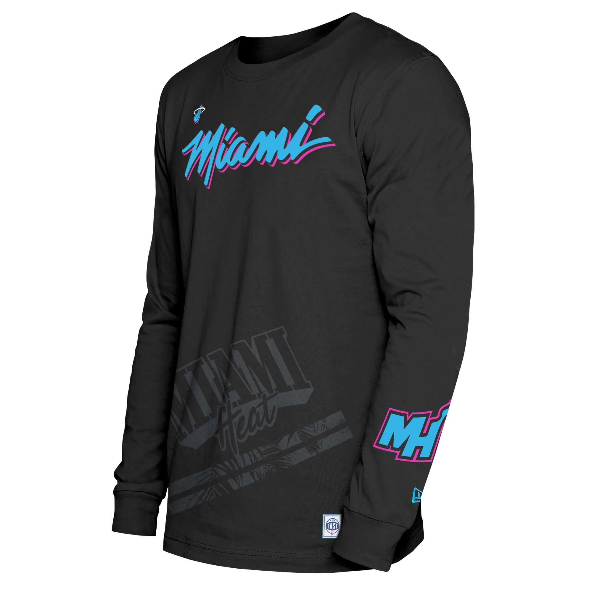 The New Era Miami HEAT Original Vice Nights Wordmark Long Sleeve Tee features bold pink and blue “Miami” text on the chest, a subtle lower front 
