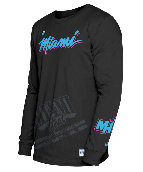 The New Era Miami HEAT Original Vice Nights Wordmark Long Sleeve Tee features bold pink and blue “Miami” text on the chest, a subtle lower front 