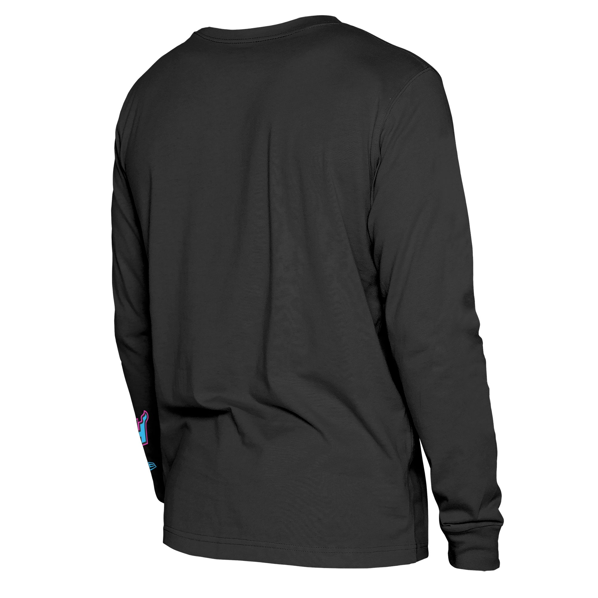 The New Era Miami HEAT Original Vice Nights Wordmark Long Sleeve Tee is a black standard fit cotton shirt with a small colorful graphic on one sleeve. Minimalist back view, easy-care machine wash. Displayed on a plain white background.