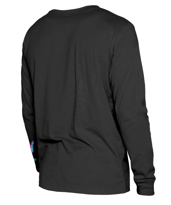 The New Era Miami HEAT Original Vice Nights Wordmark Long Sleeve Tee features bold pink and blue “Miami” text on the chest, a subtle lower front 