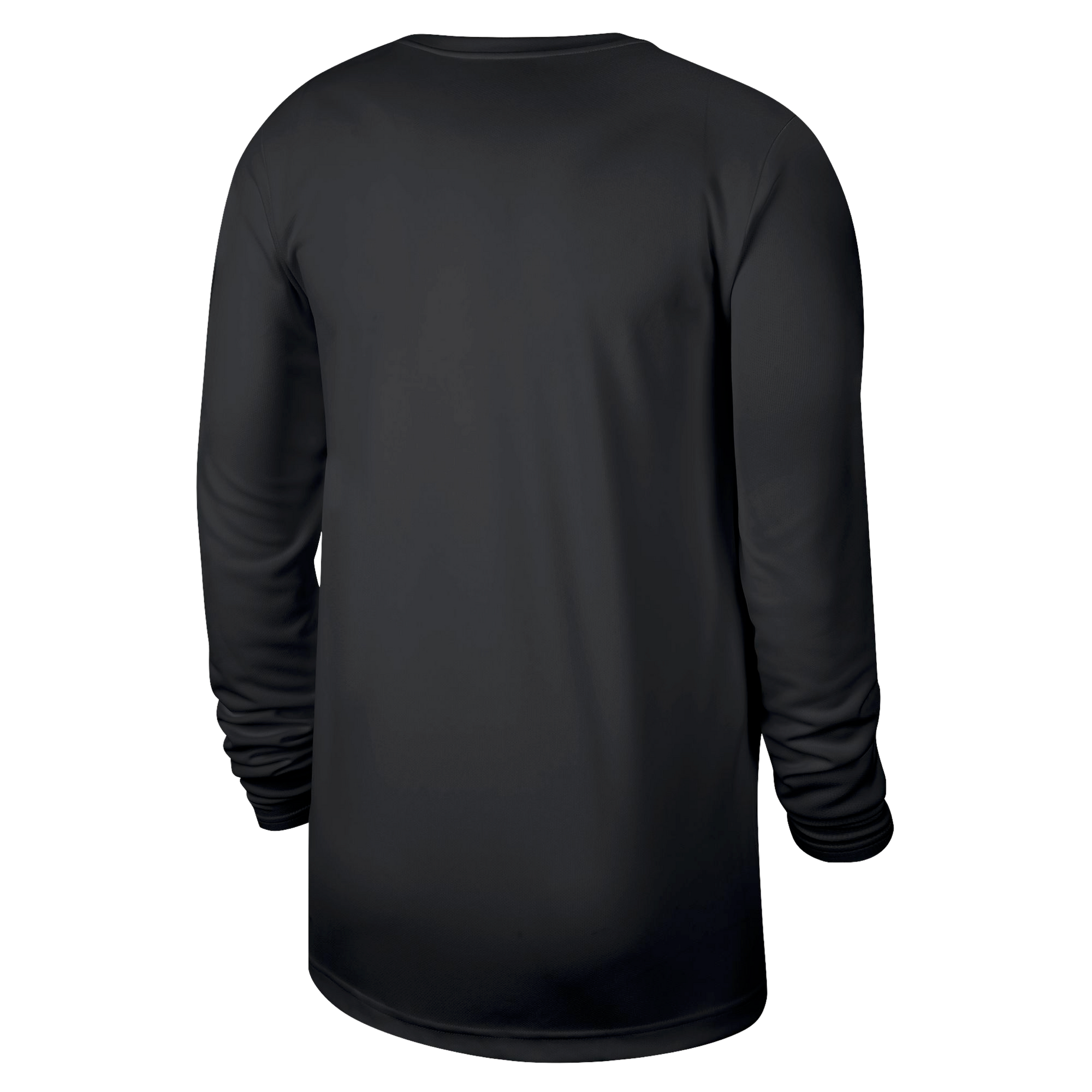 The Nike Miami HEAT 2025-26 Authentic On-Court Practice Long Sleeve Tee features a plain black design, relaxed fit, soft polyester lyocell spandex blend, crew neckline, and is shown from the back against a white background.