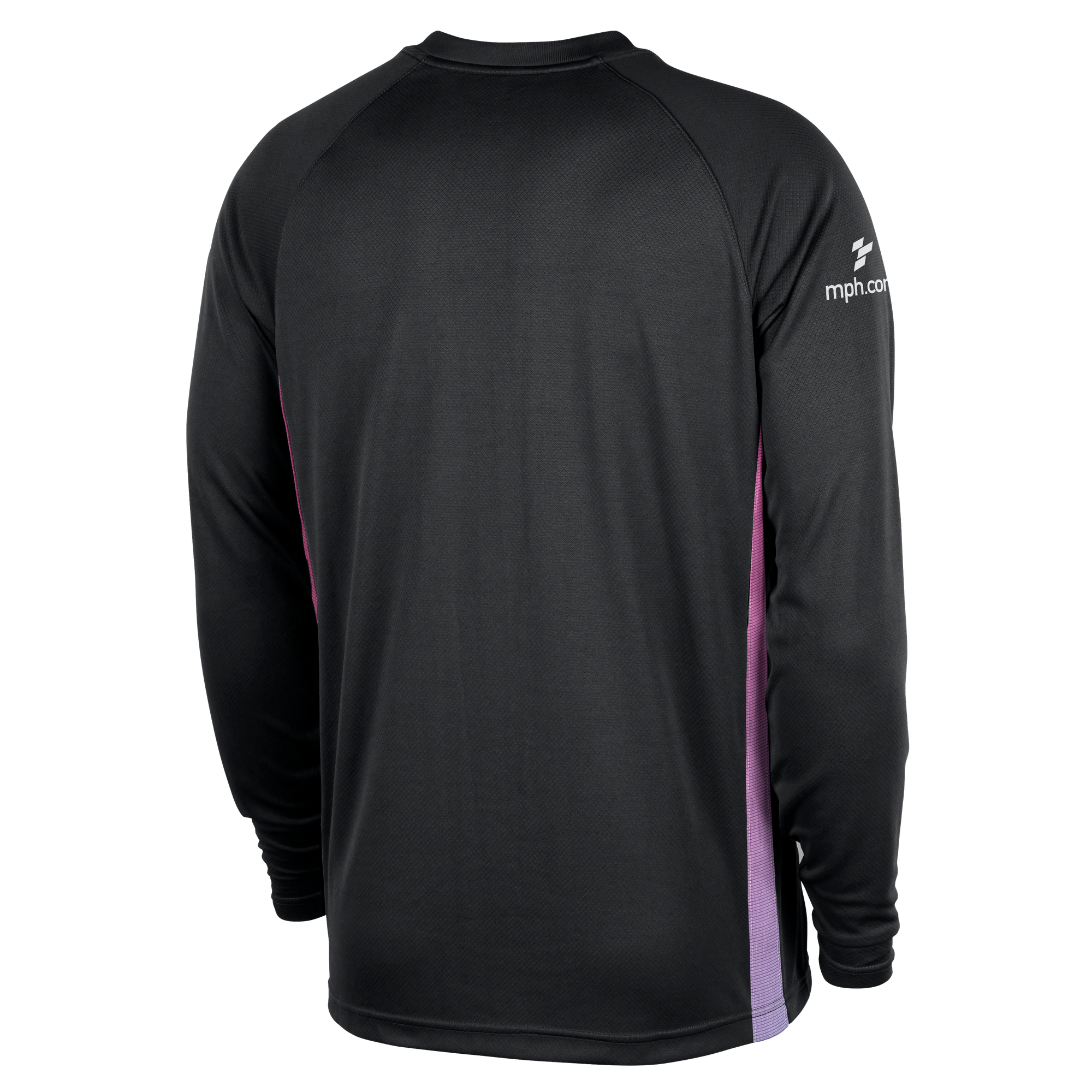 The Nike Miami HEAT Original Vice Nights Shooting Shirt by Nike is a long-sleeve black athletic shirt with purple side panels, shown from the back. Made from polyester in a standard fit, the right sleeve features a small white mph.com logo and text.
