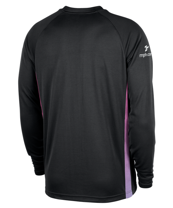 The Nike Miami HEAT Original Vice Nights Shooting Shirt is a long-sleeve black shirt with “Miami” in pink, blue, and white script, purple/pink side panels, NBA logo on the sleeve, standard fit, and durable polyester. Wash with like colors.