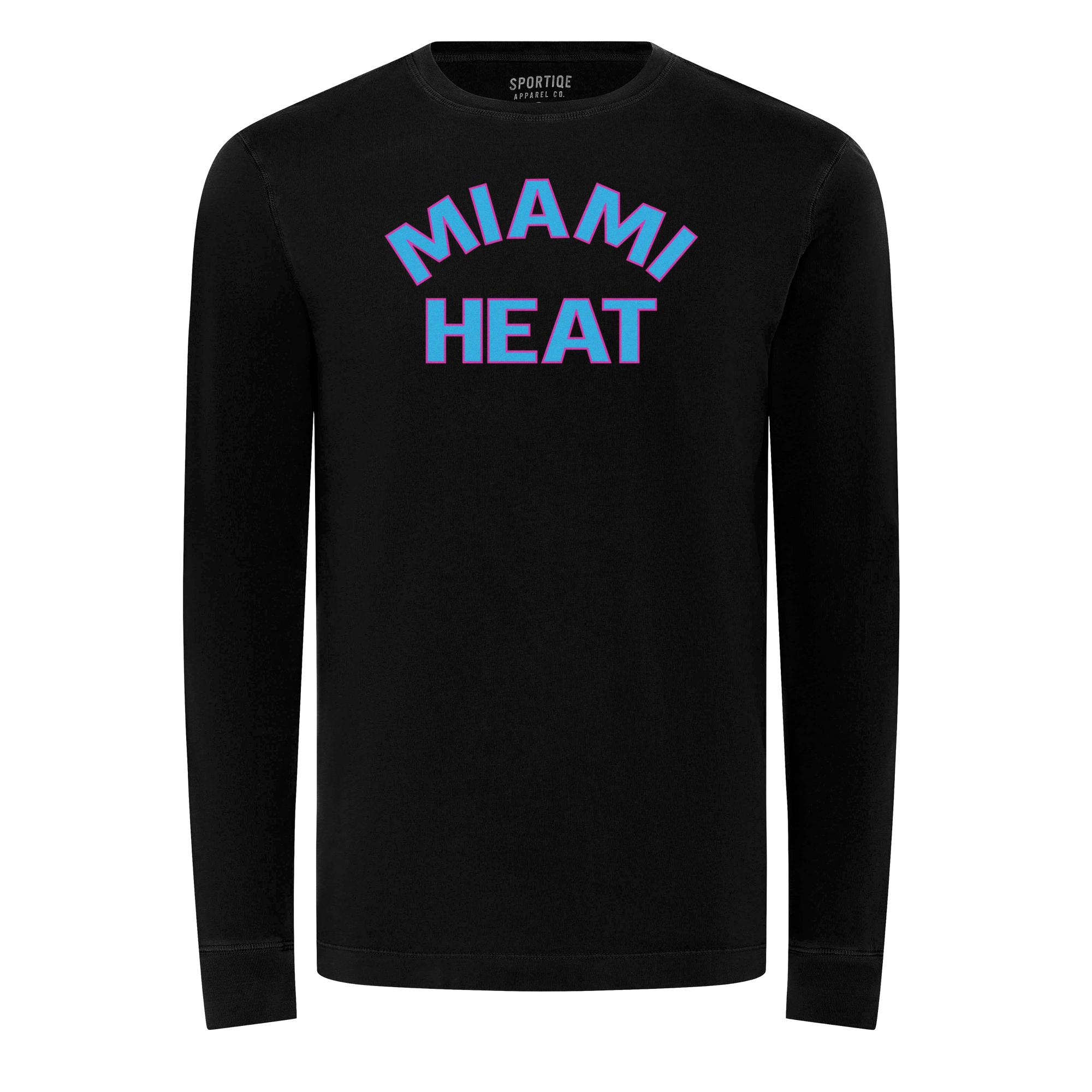 The Sportiqe Miami HEAT Original Vice Nights Long Sleeve Tee is a black, standard fit cotton shirt featuring bold, light blue and pink outlined 