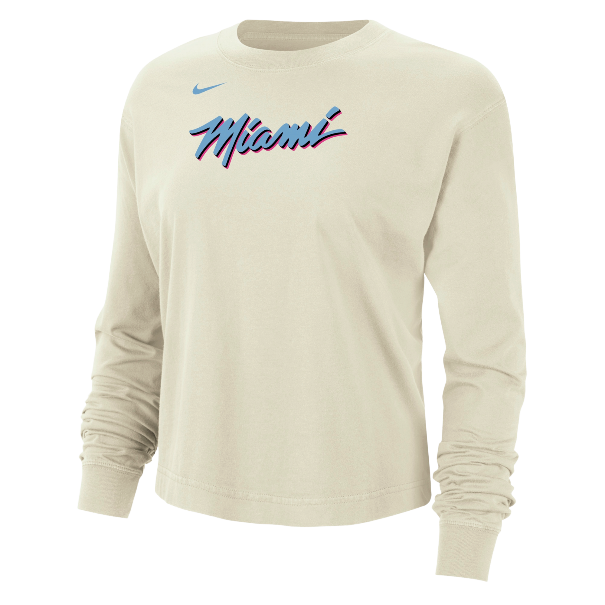 The Nike Miami HEAT Original Vice Nights Women's Long Sleeve Tee features a cream color with 