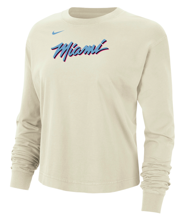 The Nike Miami HEAT Original Vice Nights Women's Long Sleeve Tee features a cream color with 