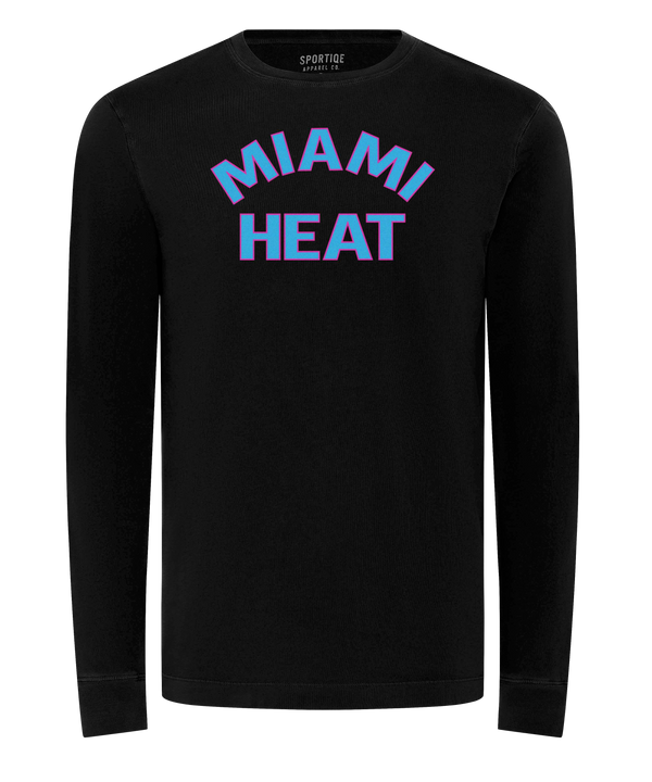 The Sportiqe Miami HEAT Original Vice Nights Long Sleeve Tee is a black, standard fit cotton shirt featuring bold, light blue and pink outlined 