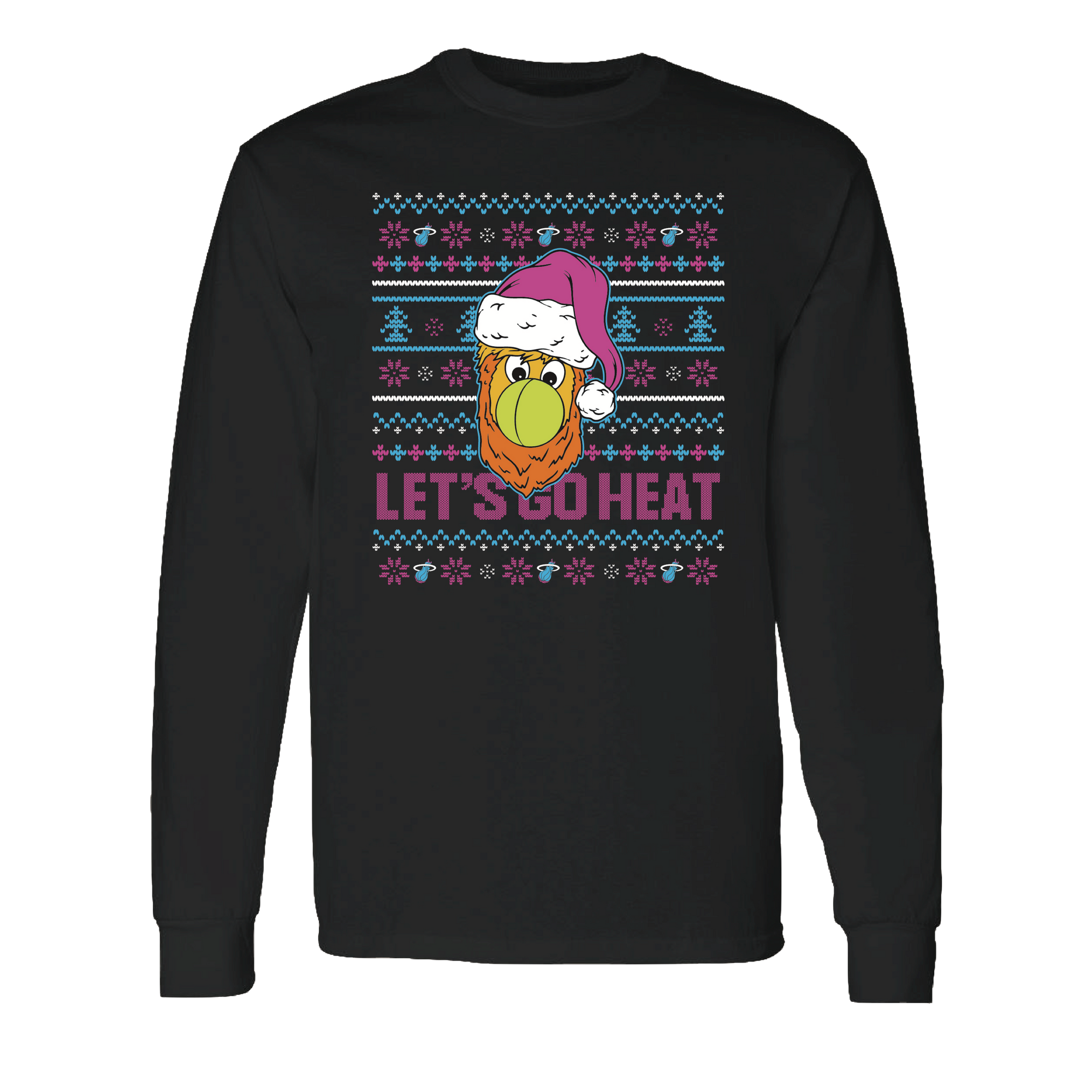 The Miami HEAT Original Vice Nights Burnie Holiday Long Sleeve Tee by Item Of The Game features a cartoon bird in a Santa hat, snowflakes, and “LET’S GO HEAT” in pink and blue. Made of cotton, machine washable, and offers a standard fit.
