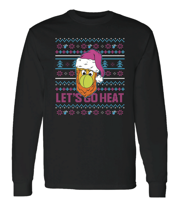 The Miami HEAT Original Vice Nights Burnie Holiday Long Sleeve Tee by Item Of The Game features a cartoon bird in a Santa hat, snowflakes, and “LET’S GO HEAT” in pink and blue. Made of cotton, machine washable, and offers a standard fit.