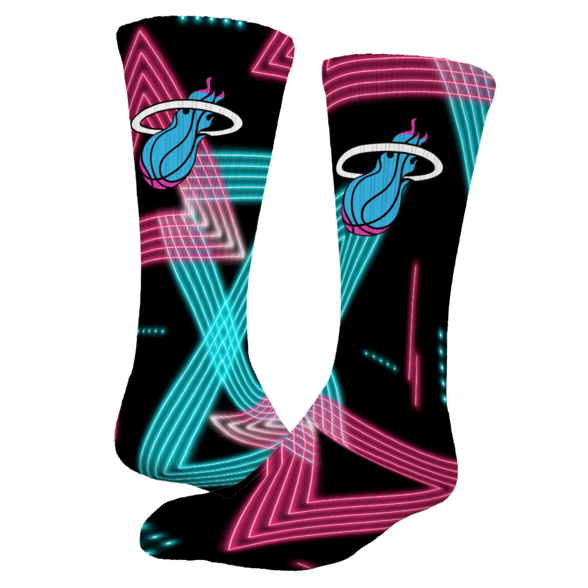 Elevate your style with Miami HEAT Original Vice Nights Laser Socks by ISlide, featuring retro neon blue and pink 1980s designs and team logo on black. These moisture-wicking socks keep you cool while showing off classic flair.