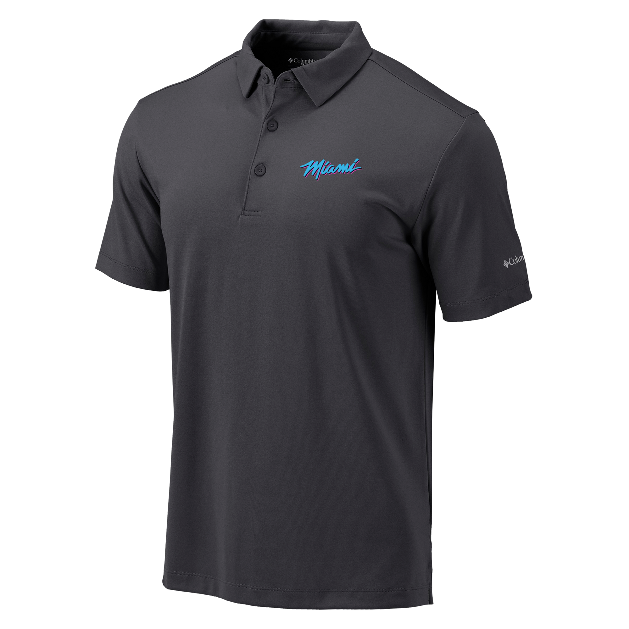 The Columbia Miami HEAT Original Vice Nights Drive Polo by Columbia Outdoor is a dark gray, standard fit, polyester short-sleeve polo with a collar and buttons, 