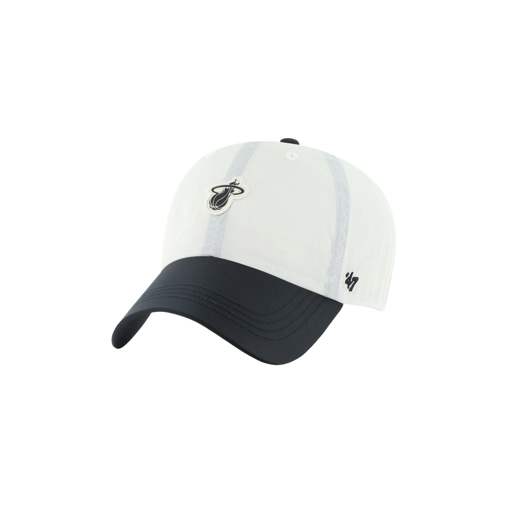 Show off your team spirit with the ’47 Brand Miami HEAT Modernia Cleanup Dad Hat. This one size fits most cap features a classic white and black nylon design, the Miami HEAT logo on the front, and the signature ’47 branding on the side. Presented against a plain white background.