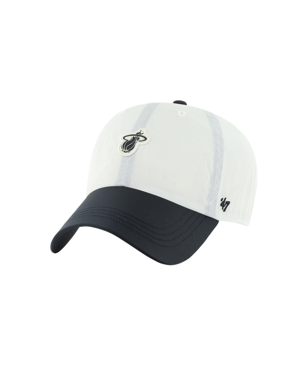 Show off your team spirit with the ’47 Brand Miami HEAT Modernia Cleanup Dad Hat. This one size fits most cap features a classic white and black nylon design, the Miami HEAT logo on the front, and the signature ’47 branding on the side. Presented against a plain white background.