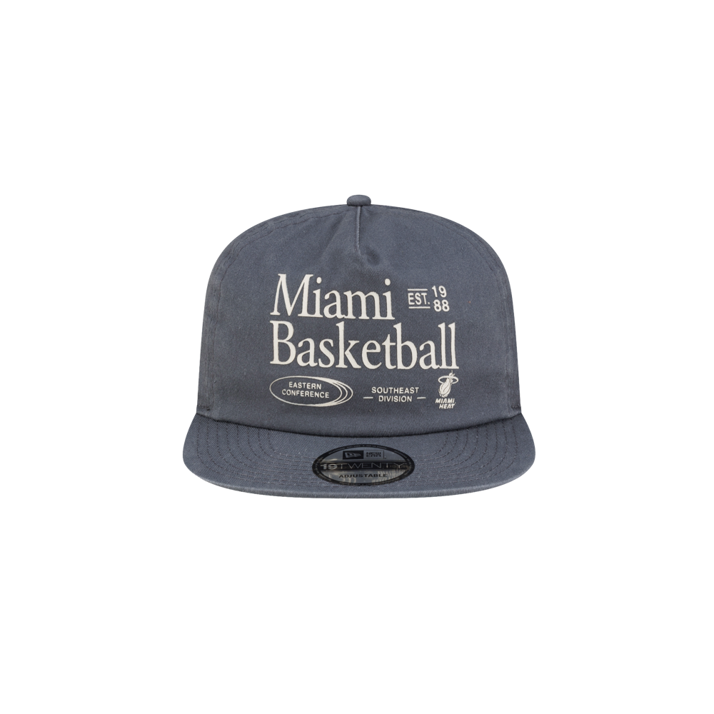 Dark gray Court Culture x New Era Miami Basketball snapback hat featuring Miami Basketball, Eastern Conference, and Southeast Division text with a small Miami Heat logo on the front.