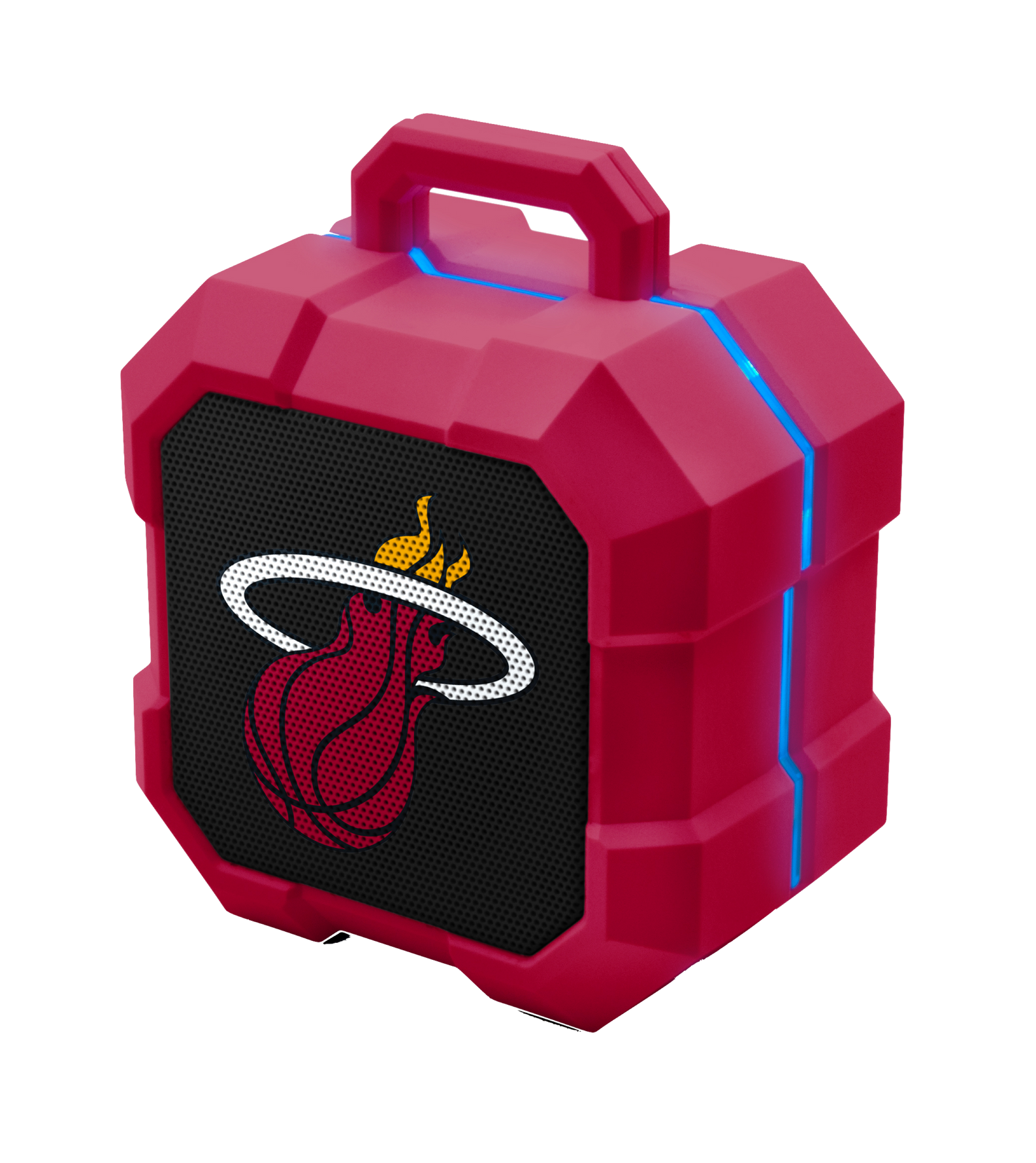 The Miami HEAT Shockbox LED Speaker by Prime Brands Group is a rugged red speaker with blue LED accents, a handle, and the Miami HEAT basketball team logo on the front grill.