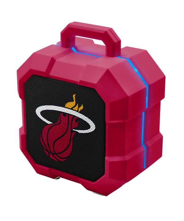 The Miami HEAT Shockbox LED Speaker by Prime Brands Group is a rugged red speaker with blue LED accents, a handle, and the Miami HEAT basketball team logo on the front grill.