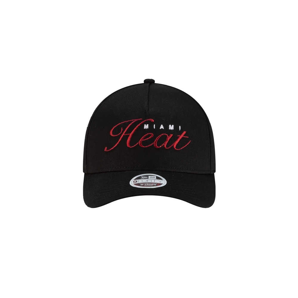 The New Era Miami HEAT Metallic Women's Hat by New Era features the team logo in red and white embroidery on the front, shown against a plain white background.