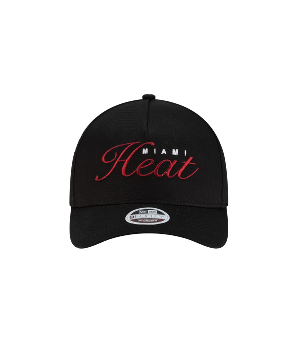 The New Era Miami HEAT Metallic Women's Hat by New Era features the team logo in red and white embroidery on the front, shown against a plain white background.