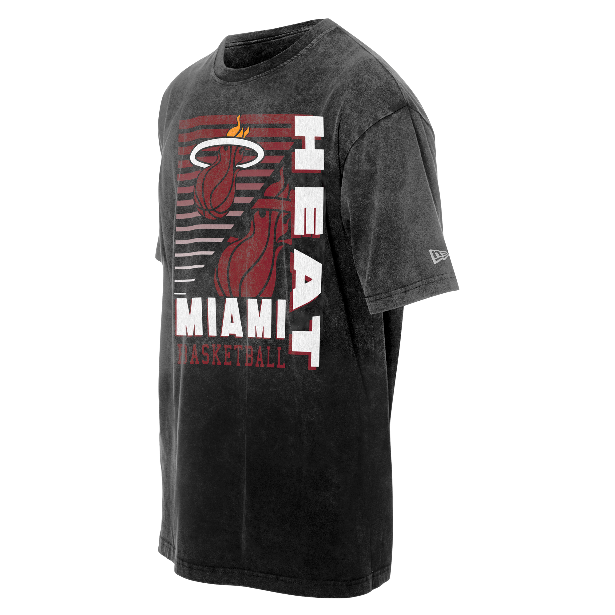 The New Era Miami HEAT Mineral Washed Tee is a black 100% cotton T-shirt featuring the team logo, red and white graphics, and 