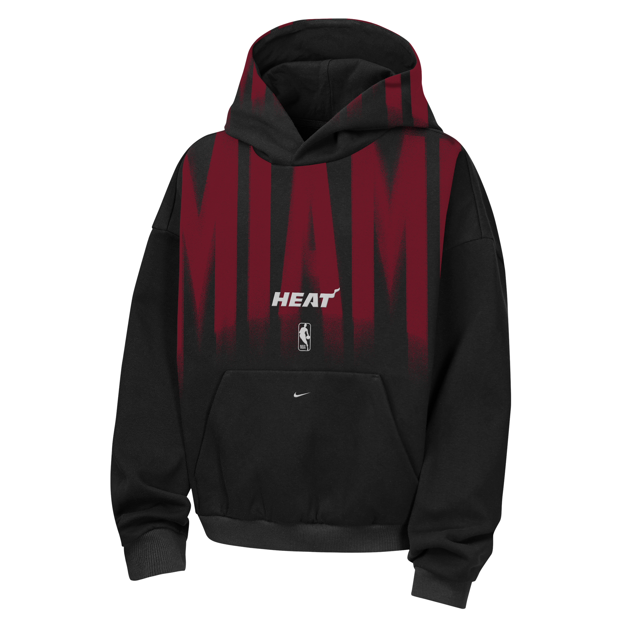 Black Nike Miami HEAT Oversized Wordmark Fleece Youth Hoodie featuring a large red MIAMI wordmark across the chest, with HEAT and an NBA logo below, and a small swoosh logo on the front pocket.