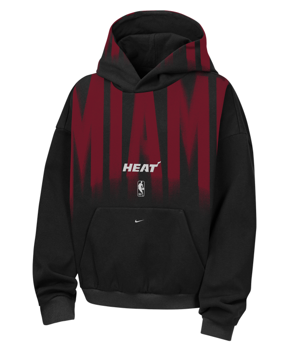 Black Nike Miami HEAT Oversized Wordmark Fleece Youth Hoodie featuring a large red MIAMI wordmark across the chest, with HEAT and an NBA logo below, and a small swoosh logo on the front pocket.