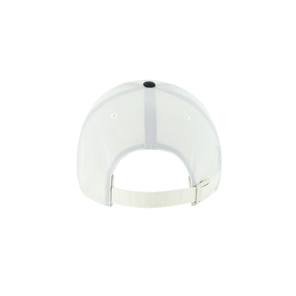 The ’47 Brand Miami HEAT Modernia Cleanup Dad Hat is shown from the back in white nylon, featuring an adjustable strap with a silver metal buckle and a black button on top. This one-size-fits-most cap is displayed against a plain white background. For best results, spot clean only.