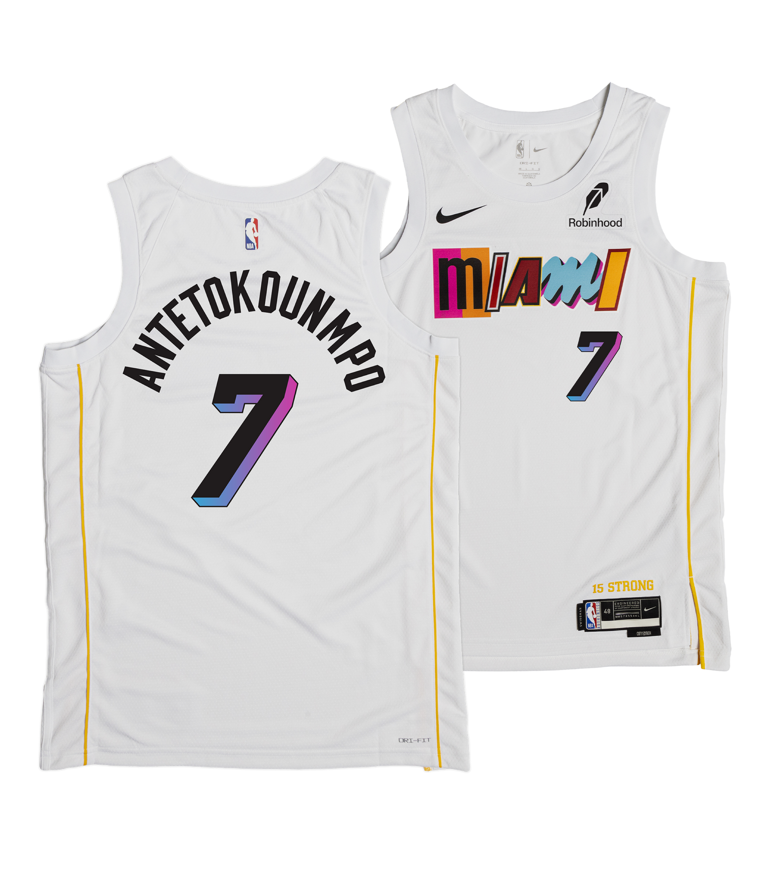 The Nike Giannis Antetokounmpo Miami Mashup Vol. 2 Swingman Jersey showcases colorful Miami text, number 7, Antetokounmpo on the back, plus logos like Nike Dri-FIT and Robinhood on the front for an authentic look.