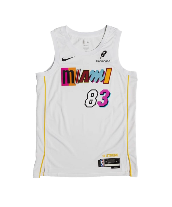 The Nike Bam Adebayo Miami Mashup Vol. 2 “83-Point Game” Swingman Jersey features a white design, colorful Miami text, black and pink 83 number, Adebayo 83 on the back with pink/blue shadows, Dri-FIT fabric, and sponsor logos.