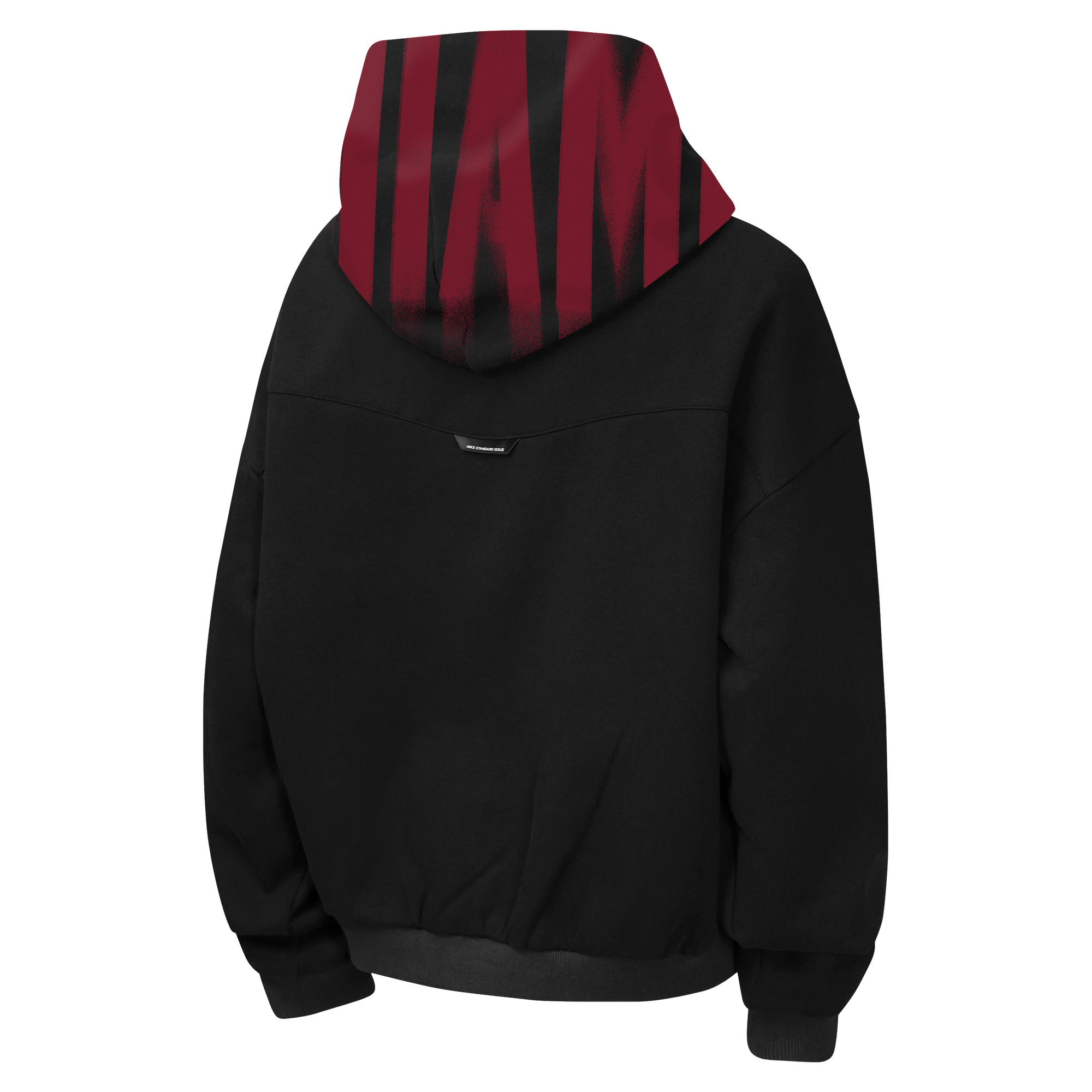 Back view of a black cotton Nike Miami HEAT Oversized Wordmark Fleece Youth Hoodie with a red and black graphic design on the hood.
